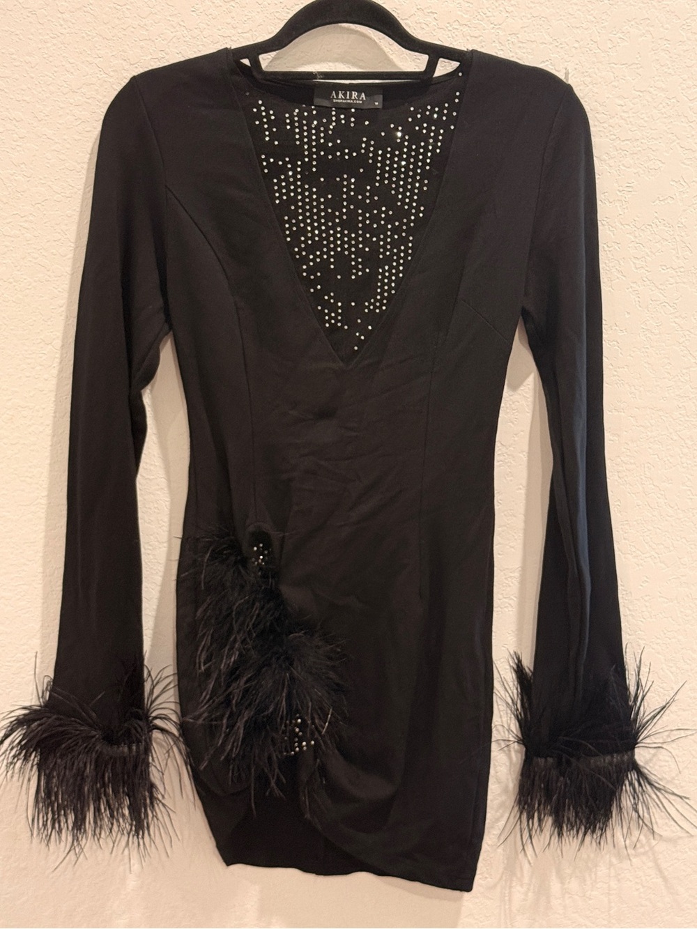 AKIRA Black Long Sleeve V-Neck Dress with Feather Cuffs
